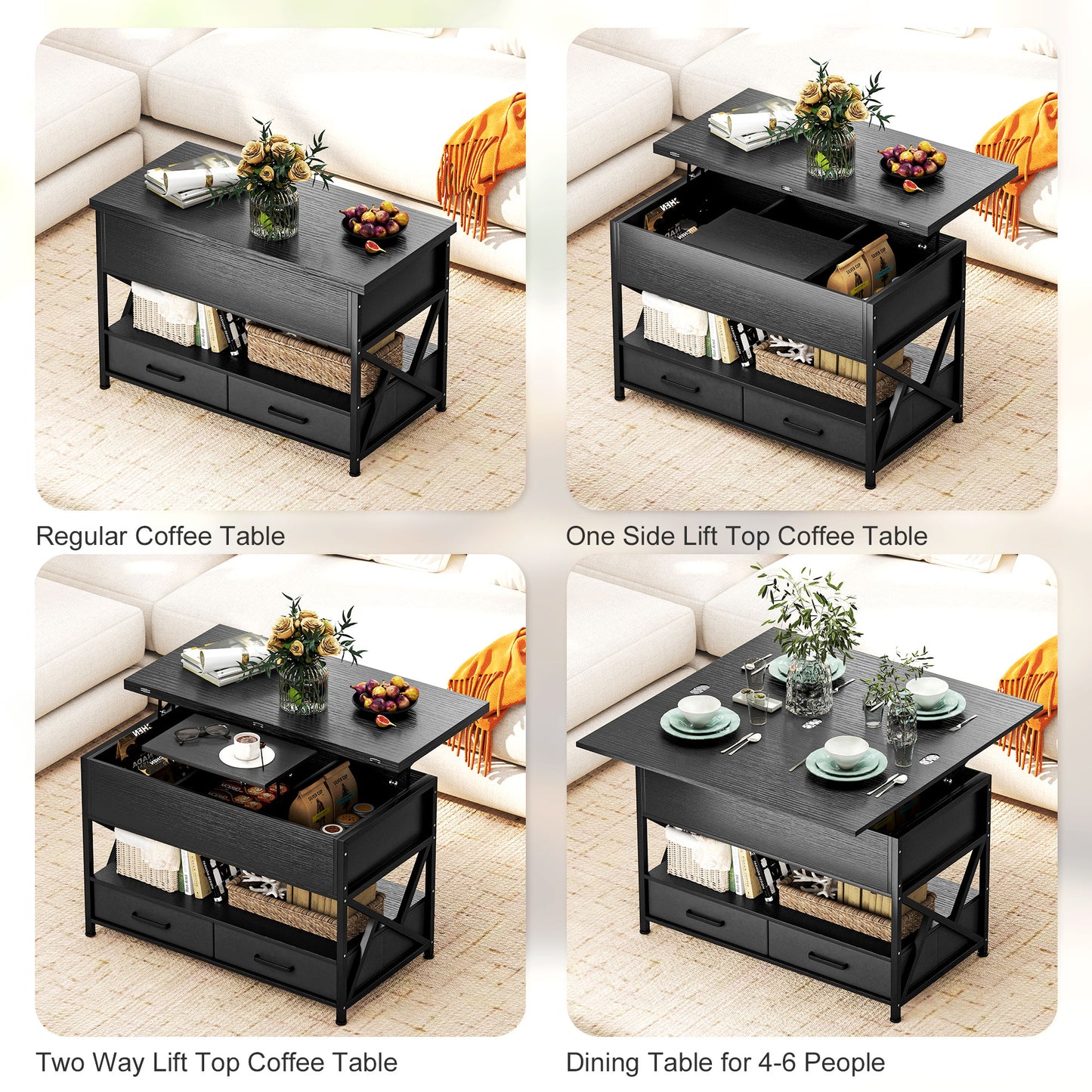 Modern Lift-Top Coffee Table with Storage, Distressed Black