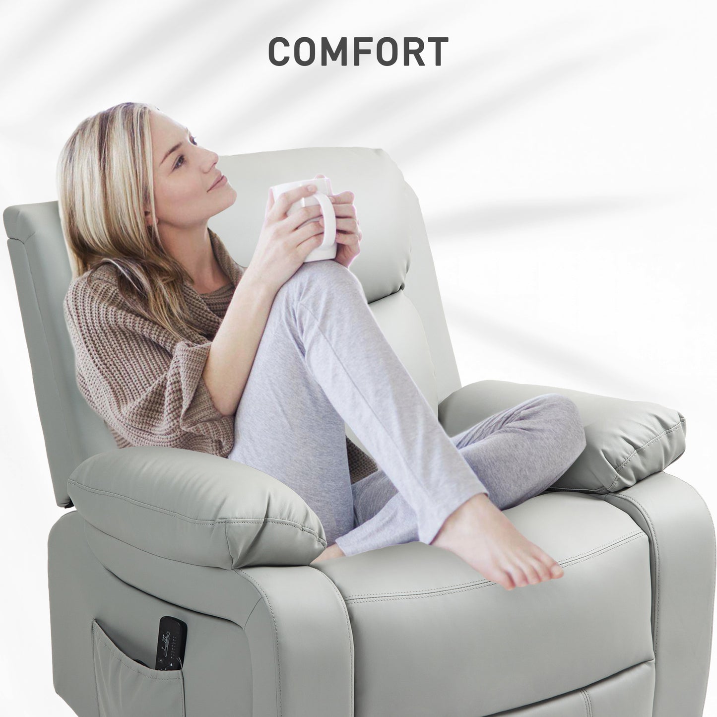 PU Leather Massage Recliner Chair with Swivel Base, Light Grey
