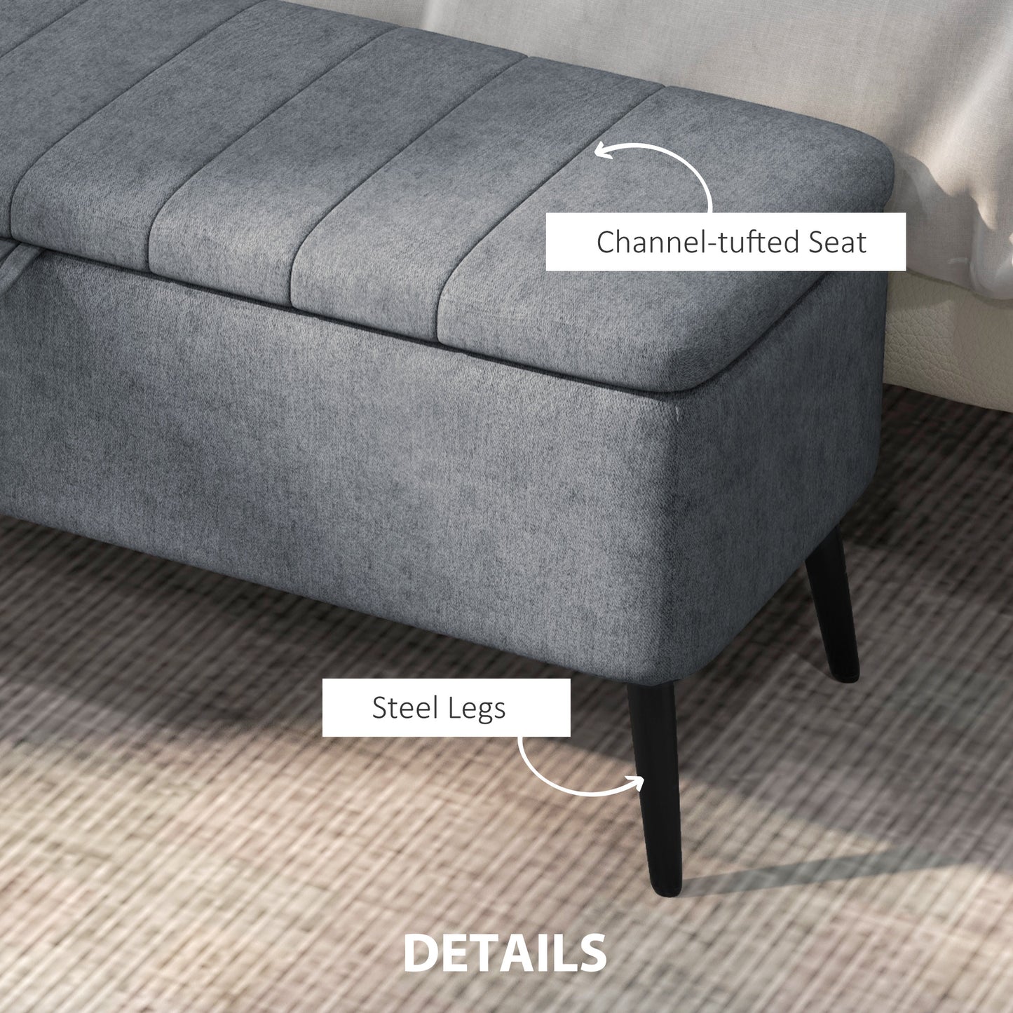 40" Linen Storage Ottoman Bench with Steel Legs, Dark Gray