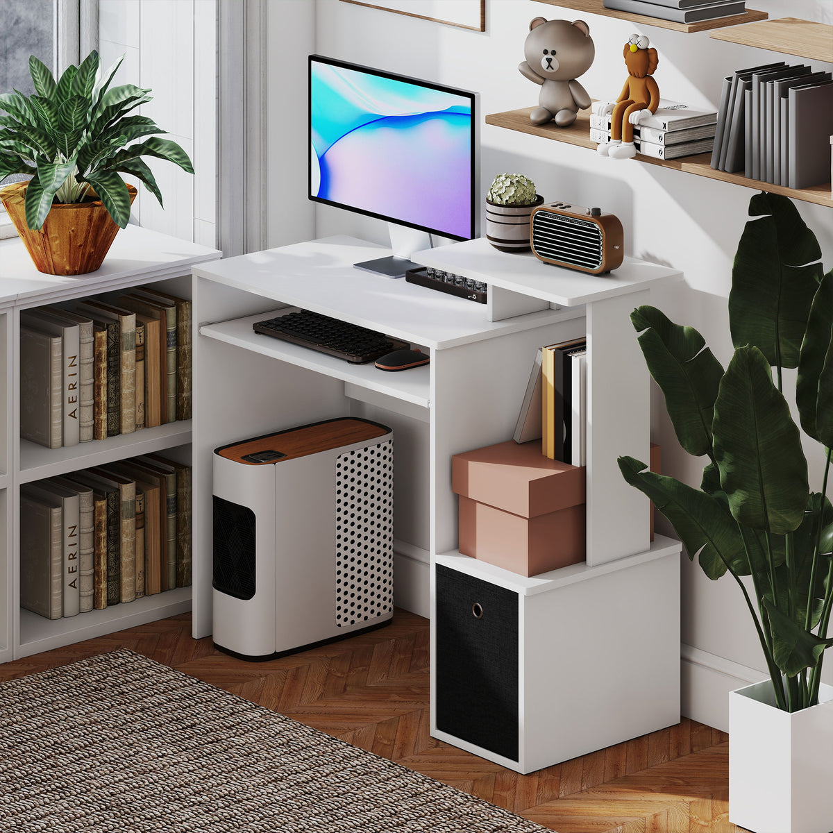 39" Computer Desk with Keyboard Tray, Drawer and Shelf, White