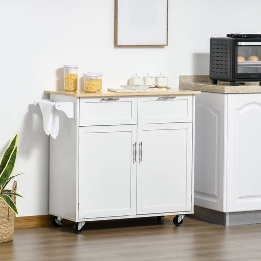 Rolling Kitchen Island Cart with Rubber Wood Top and Storage Drawers, White