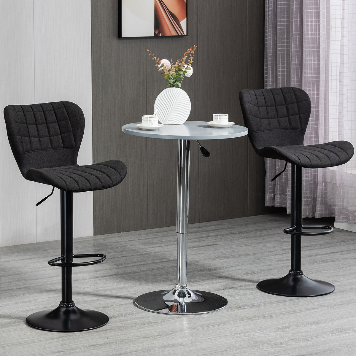 Adjustable Swivel Bar Stools with Linen Upholstery and Footrest, Black (Set of 2)