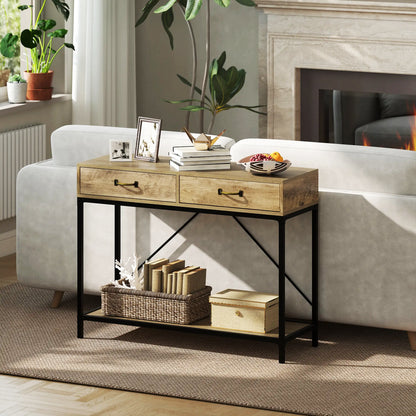 39" Vintage Console Table with Industrial Frame and Storage, Brown