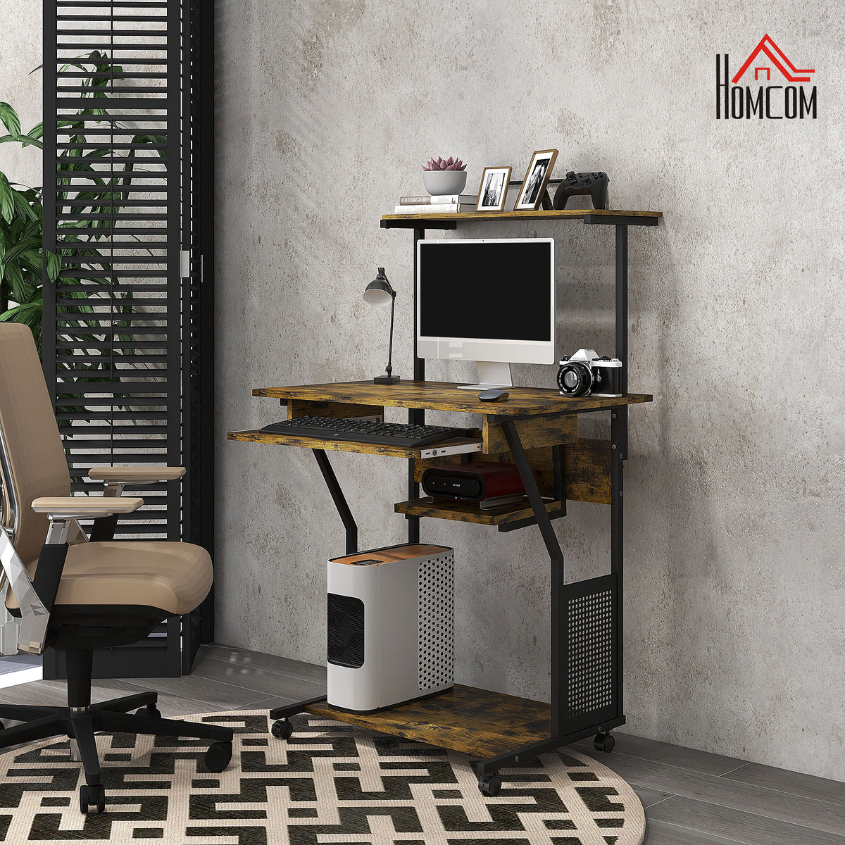32" Mobile Computer Desk with Keyboard Tray and Shelves, Rustic Brown