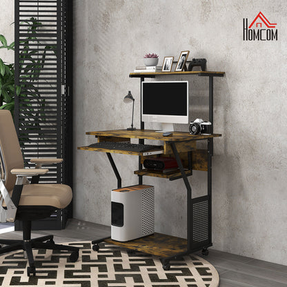 32" Mobile Computer Desk with Keyboard Tray and Shelves, Rustic Brown