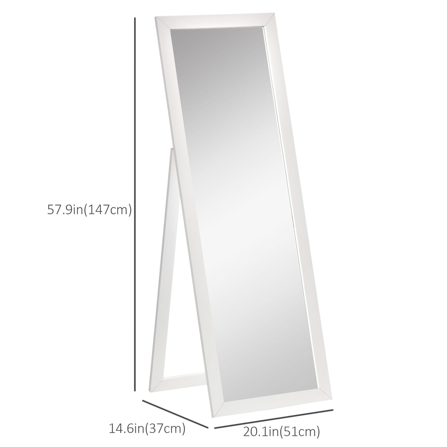 Full Length Rectangular Mirror with White Frame, 58" x 20", Floor Standing Design