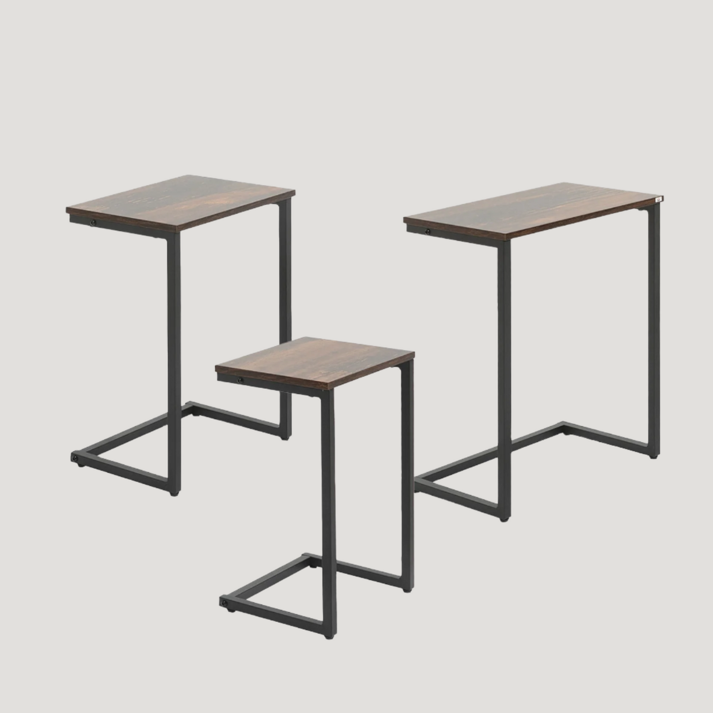 C-Shaped Nesting Side Table Set of 3 with Steel Frame - Vintage Brown
