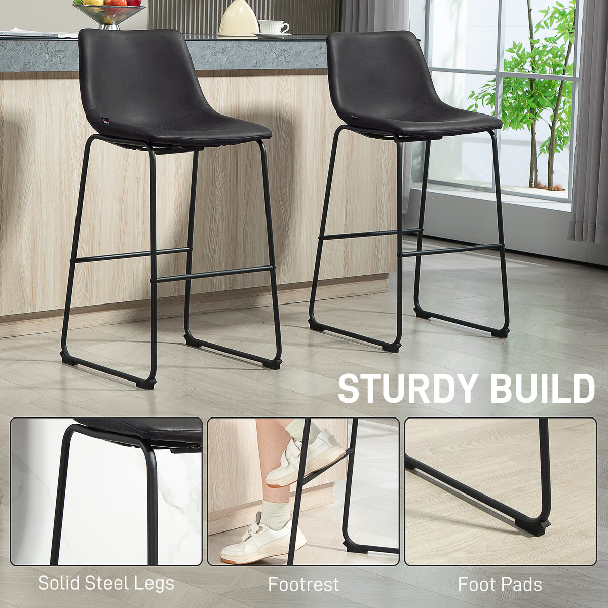 Counter-Height Bar Stools with PU Leather Upholstery and Footrest, Dark Brown (Set of 2)