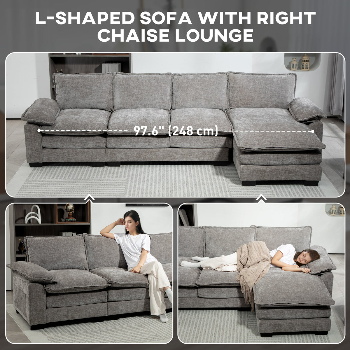 Chenille L-Shaped Sofa with Chaise Lounge, Grey