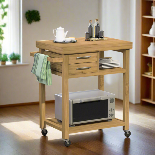 Bamboo Rolling Kitchen Island Trolley with Drawers and Shelves