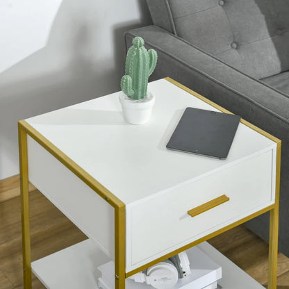 Modern Nightstands with Gold Steel Frame, White (Set of 2)