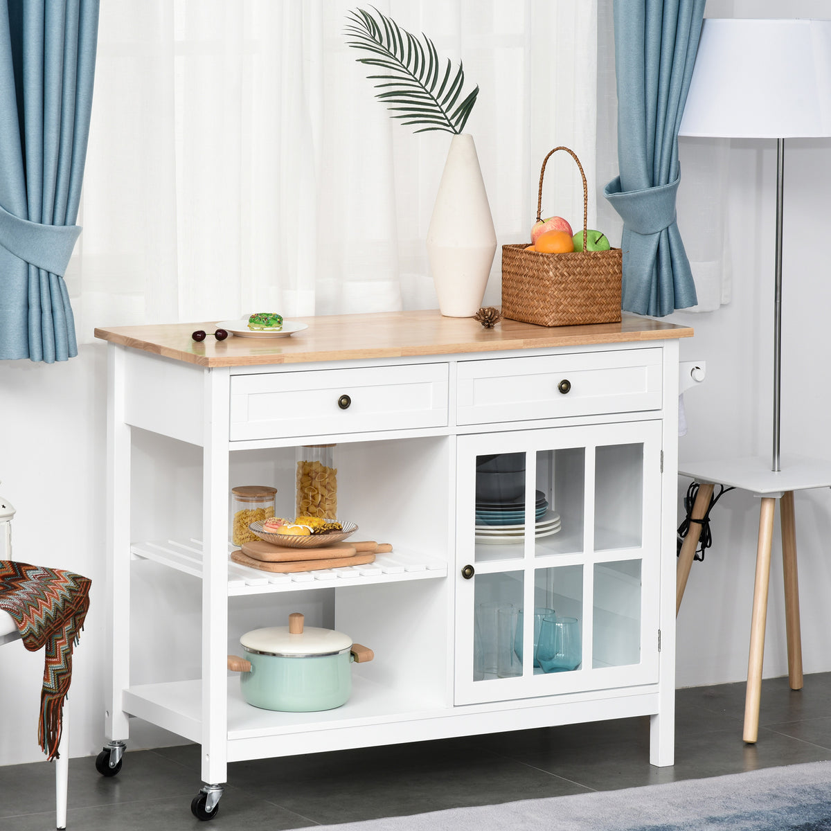 Rolling Kitchen Utility Cart with Rubber Wood Top and Towel Rack and Cabinet, White