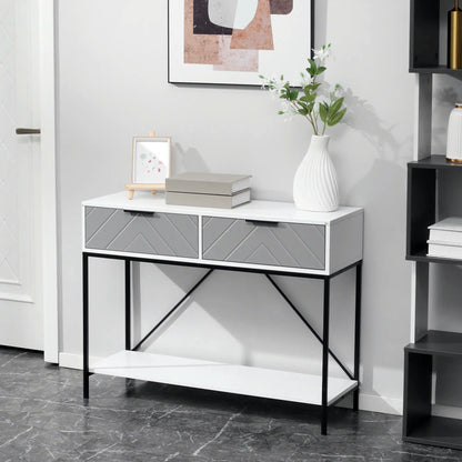 39" Modern Console Table with Herringbone Pattern Drawers, White