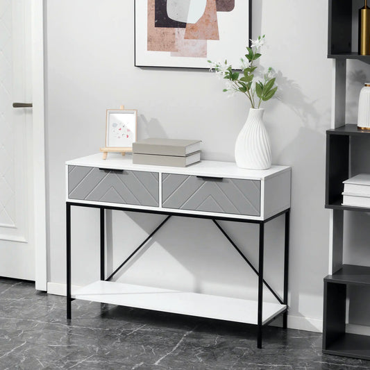 39" Modern Console Table with Herringbone Pattern Drawers, White