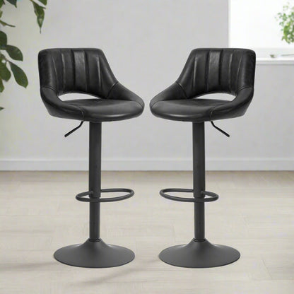Adjustable Height Swivel Bar Stools with Faux Leather Upholstery, Black (Set of 2)