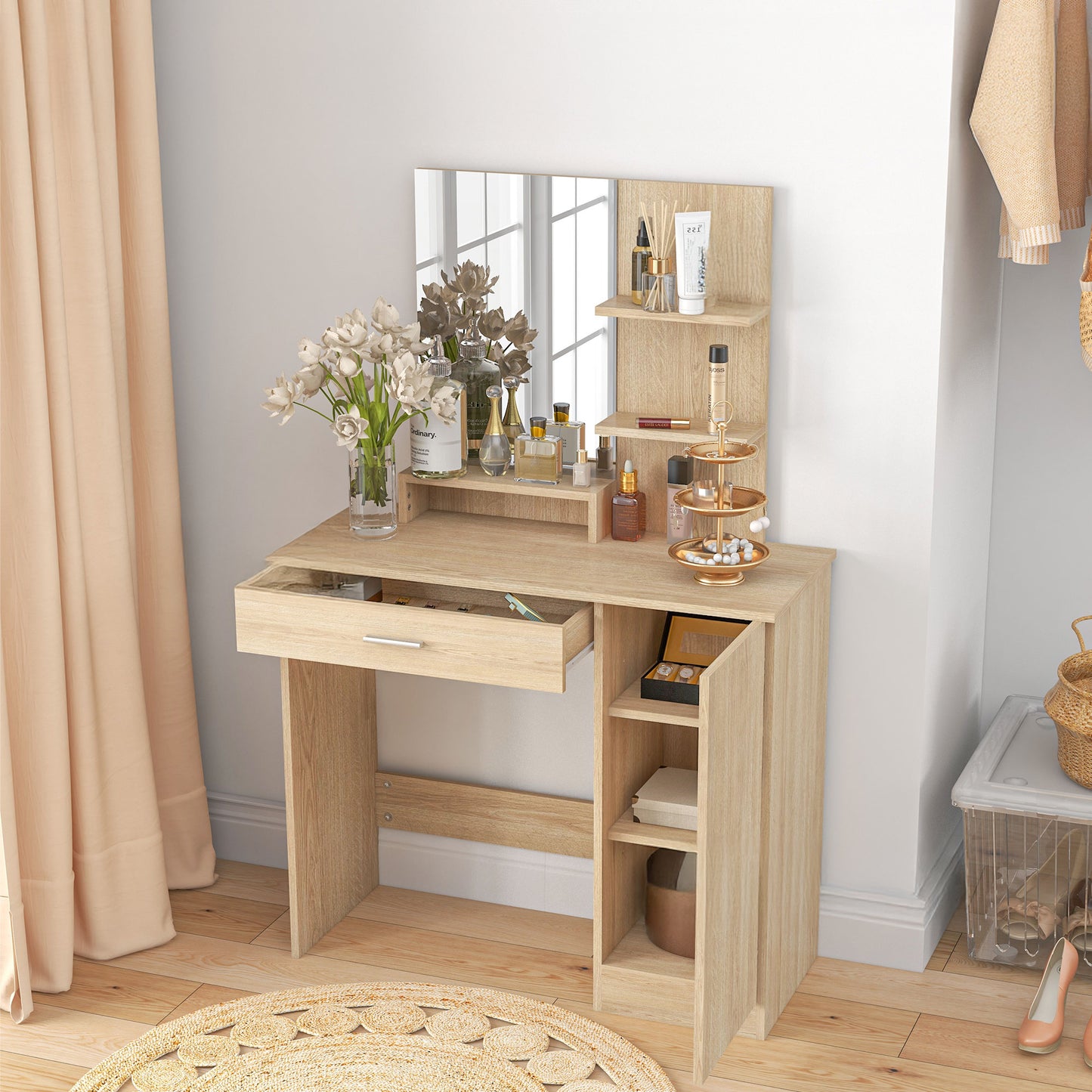 Dressing Table with Mirror, Drawer and Storage Shelves