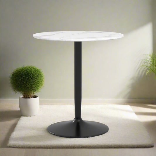 Round Dining Table with Steel Pedestal Base - White Marble