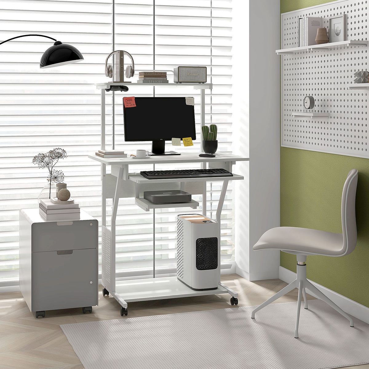 32" Mobile Computer Desk with Keyboard Tray and Shelves, White