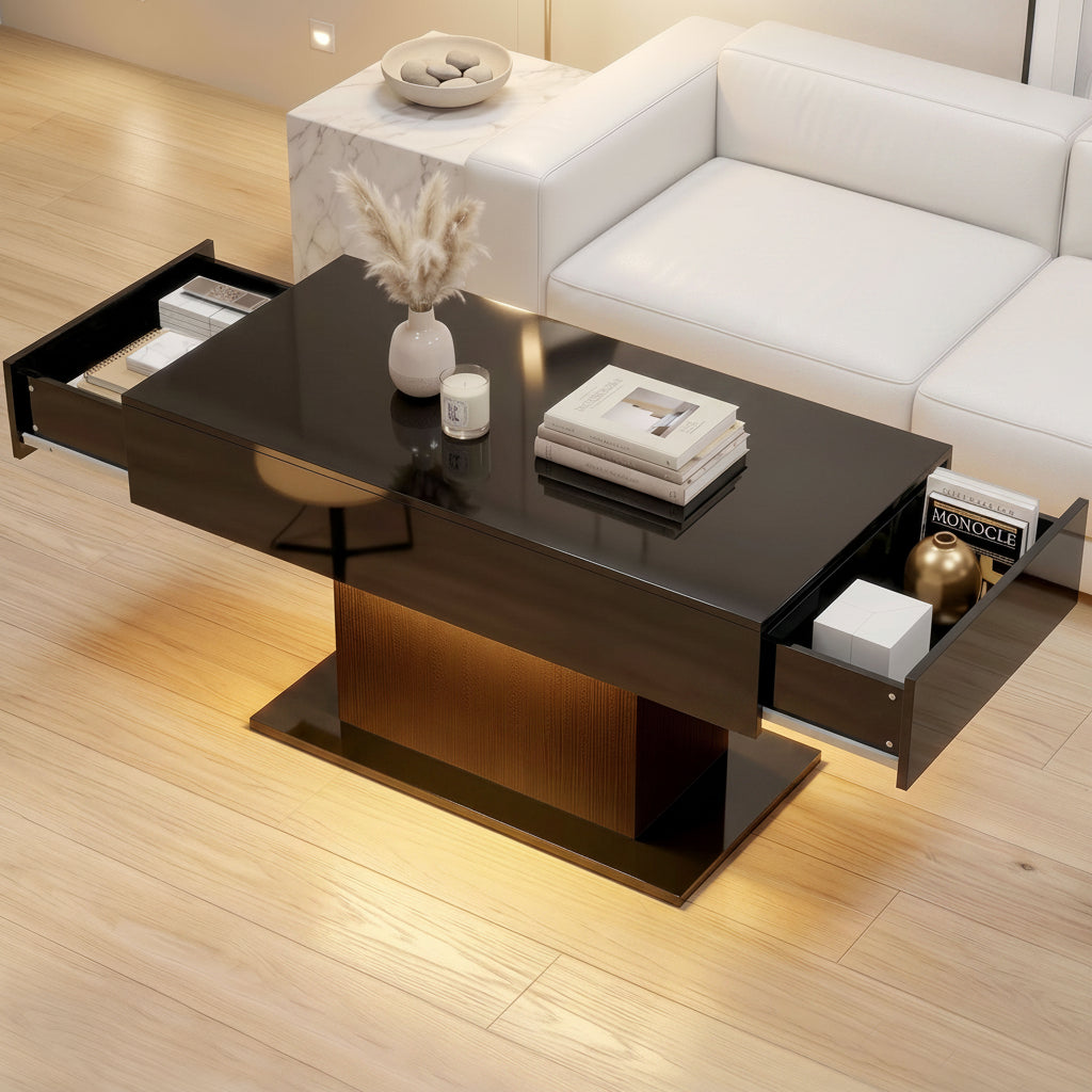High Gloss LED Coffee Table with Storage, Black