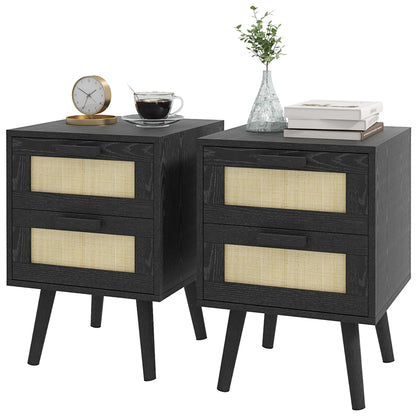 Boho Nightstands with Woven Rattan Drawers, Black (Set of 2)