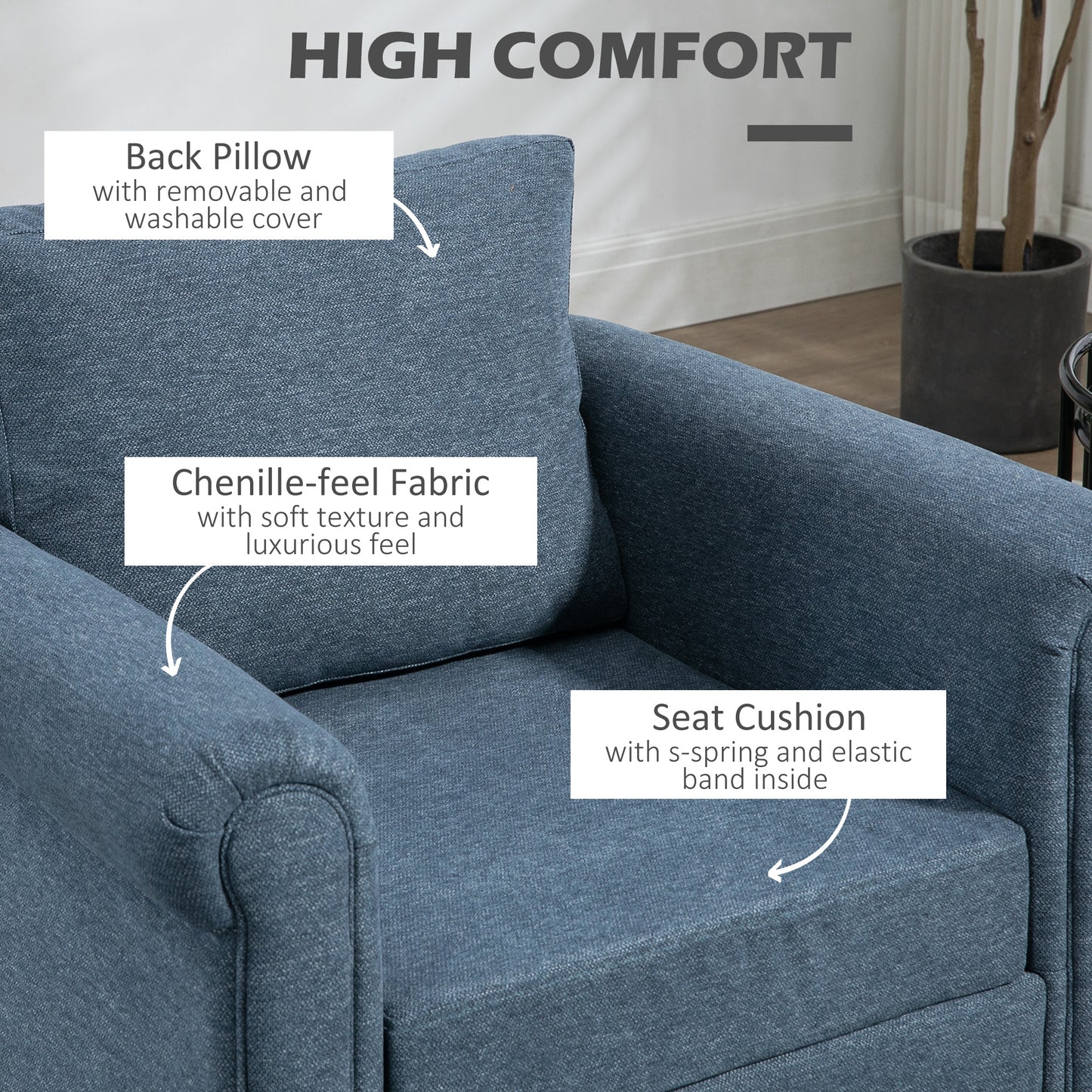 Vintage Armchair, Upholstered Accent Chair with Rolled Arms, Dark Blue