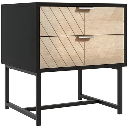 Modern Herringbone Nightstand with Steel Frame, Black and Oak