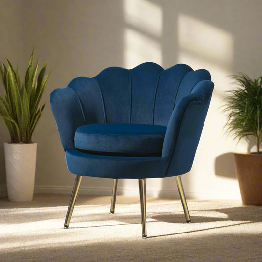 Modern Velvet Accent Chair with Lotus Backrest and Gold Legs, Blue
