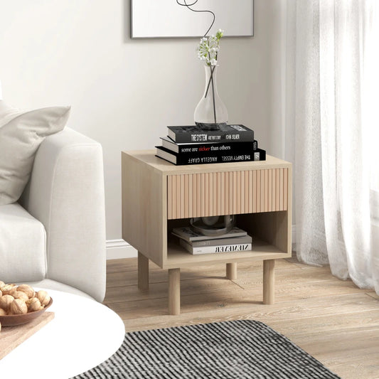 Modern Bedside Table with Drawer and Open Shelf, Natural Wood