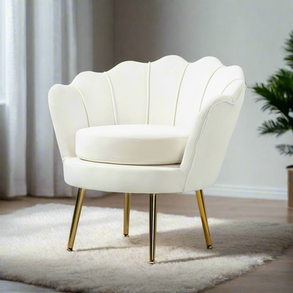 Modern Velvet Accent Chair with Lotus Backrest and Gold Legs, Cream White