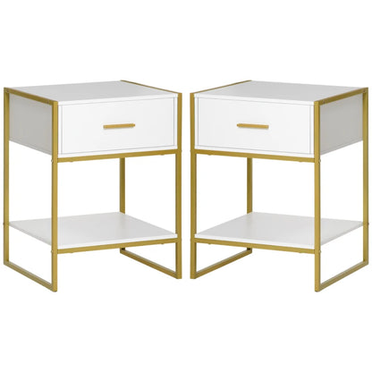 Modern Nightstands with Gold Steel Frame, White (Set of 2)