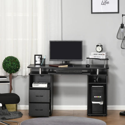 Computer Desk with Keyboard Tray and Storage Drawers, Home Office Workstation, Black