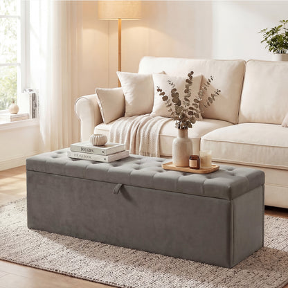 Upholstered Storage Bench with Wood Legs, Grey