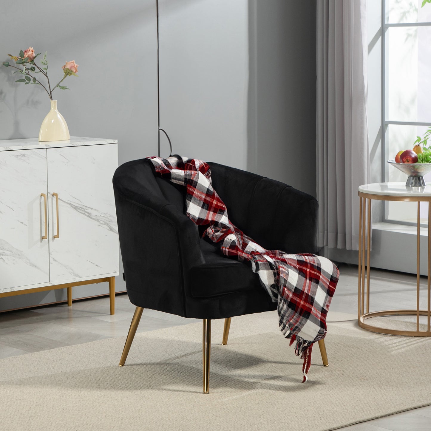 Channel-Tufted Tub Armchair with Velvet Upholstery and Gold Legs, Black