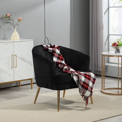 Channel-Tufted Tub Armchair with Velvet Upholstery and Gold Legs, Black