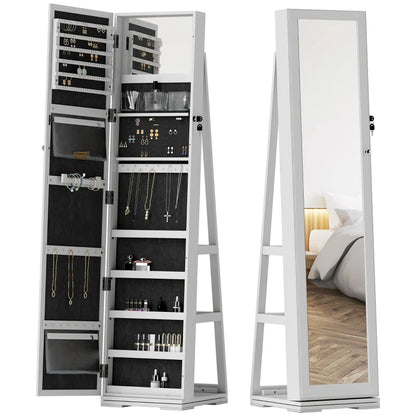 360° Swivel Jewelry Armoire with Lockable Mirror Cabinet, White