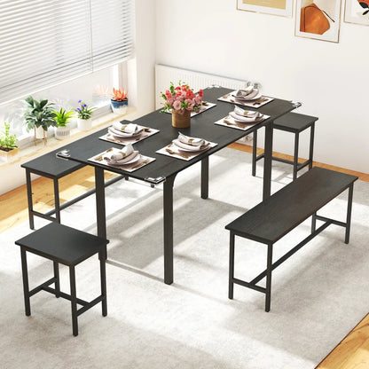 5-Piece Extendable Dining Set with Benches and Stools - Black