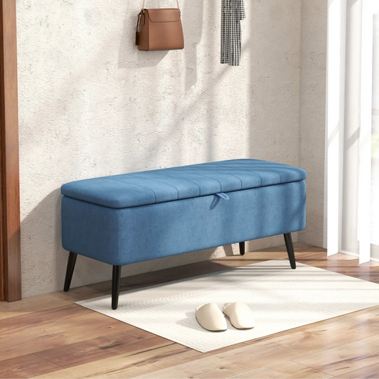 40" Linen Storage Ottoman Bench with Steel Legs, Dark Blue