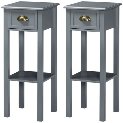 Narrow Tall Side Tables with Drawer and Shelf, Gray (Set of 2)