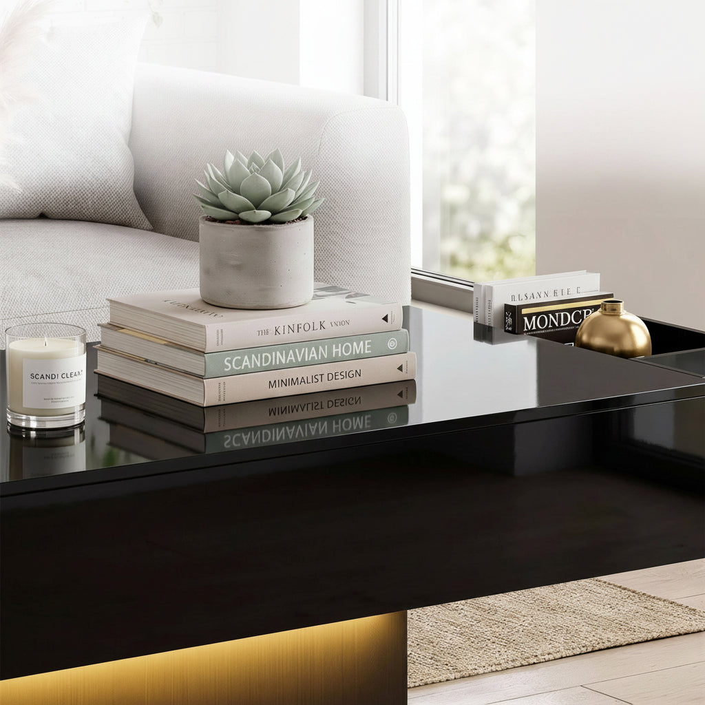 High Gloss LED Coffee Table with Storage, Black