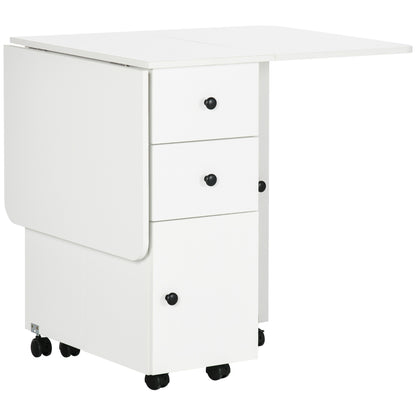 Rolling Dining Table with Storage Drawers and Cabinet - White