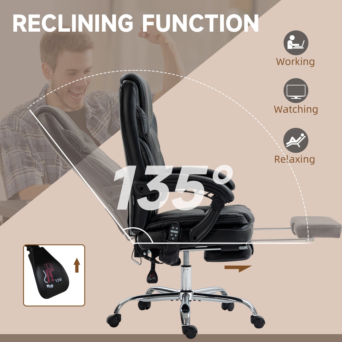 6-Point Vibration Massage Office Chair with Heating and Footrest, Black