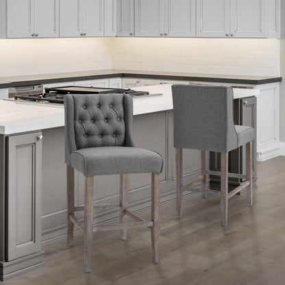 Upholstered Bar Stools with Tufted Nailhead Trim and Wood Legs, Gray (Set of 2)