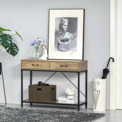 39" Vintage Console Table with Industrial Frame and Storage, Brown
