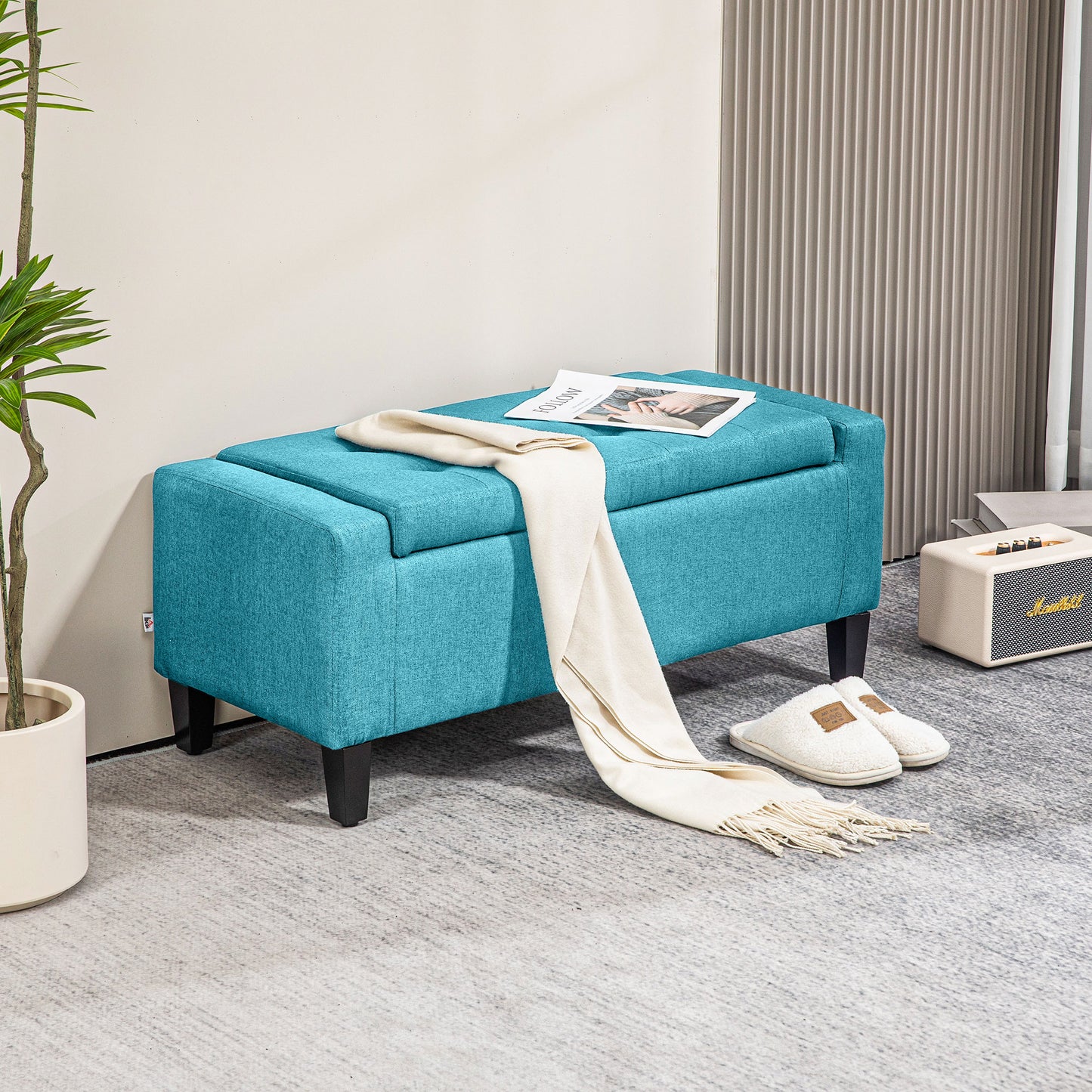 Linen Upholstered Storage Ottoman Bench with Tufted Design, Green
