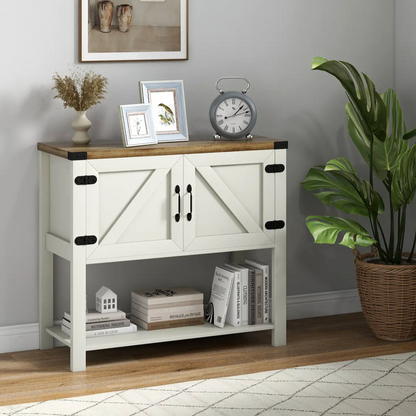 35" Farmhouse Storage Cabinet with Barn Doors and Bottom Shelf, White