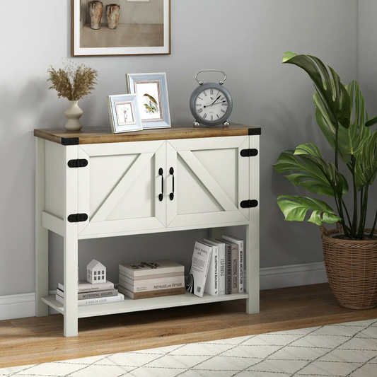 35" Farmhouse Storage Cabinet with Barn Doors and Bottom Shelf, White