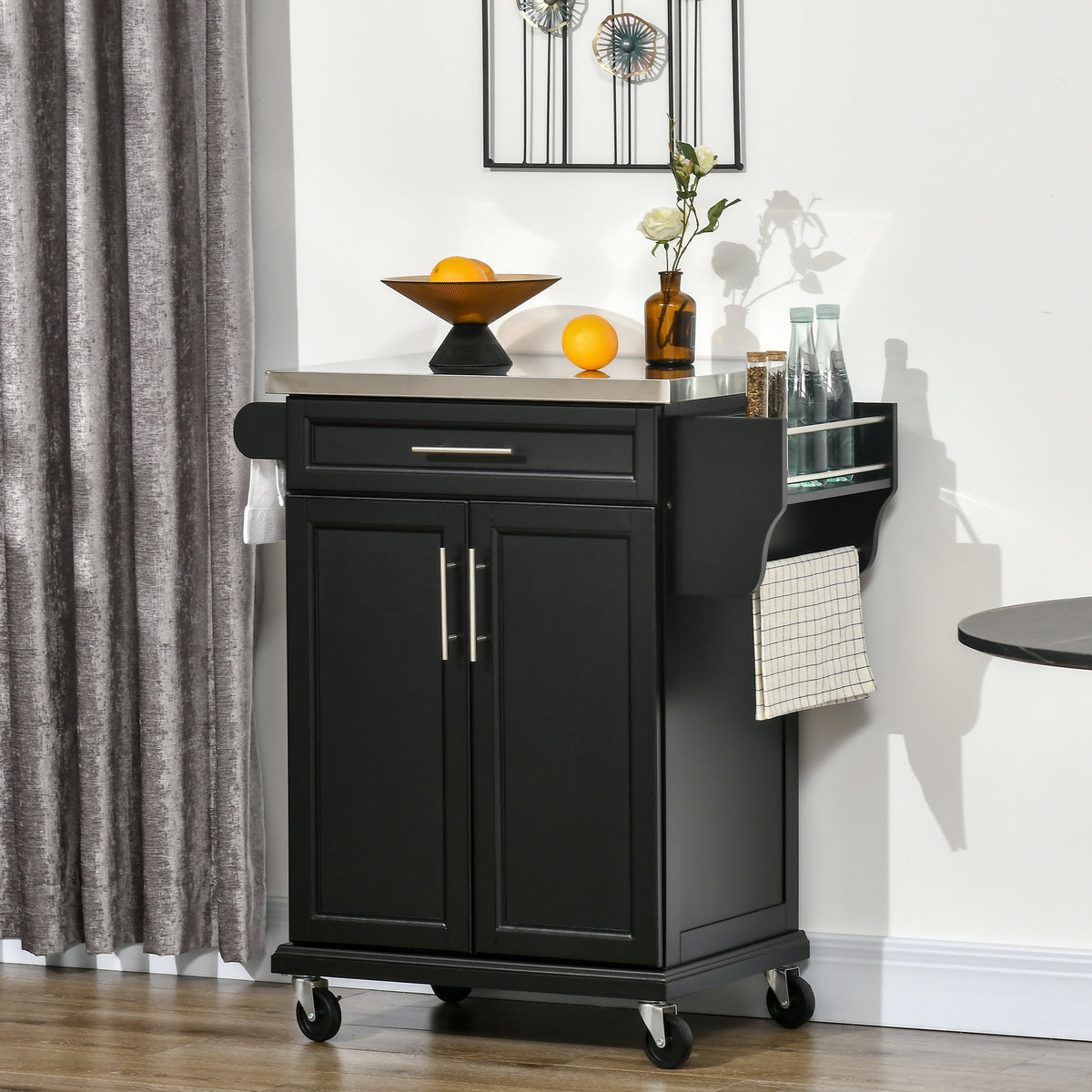 Rolling Kitchen Island Cart with Stainless Steel Top and Spice Rack and Towel Rack, Black
