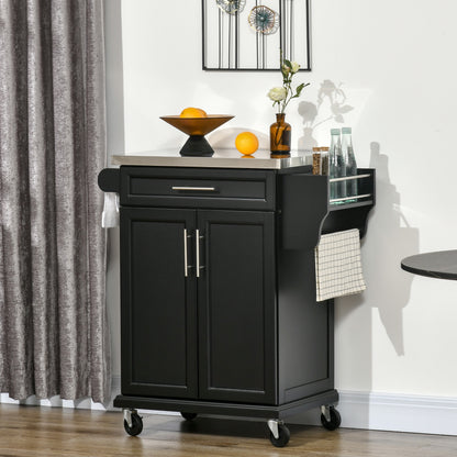 Rolling Kitchen Island Cart with Stainless Steel Top and Spice Rack and Towel Rack, Black