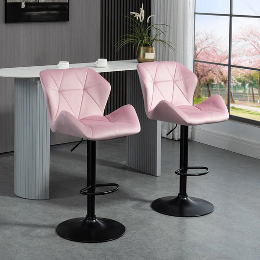 Velvet-Touch Adjustable Height Bar Stools with Diamond Tufting, Pink (Set of 2)