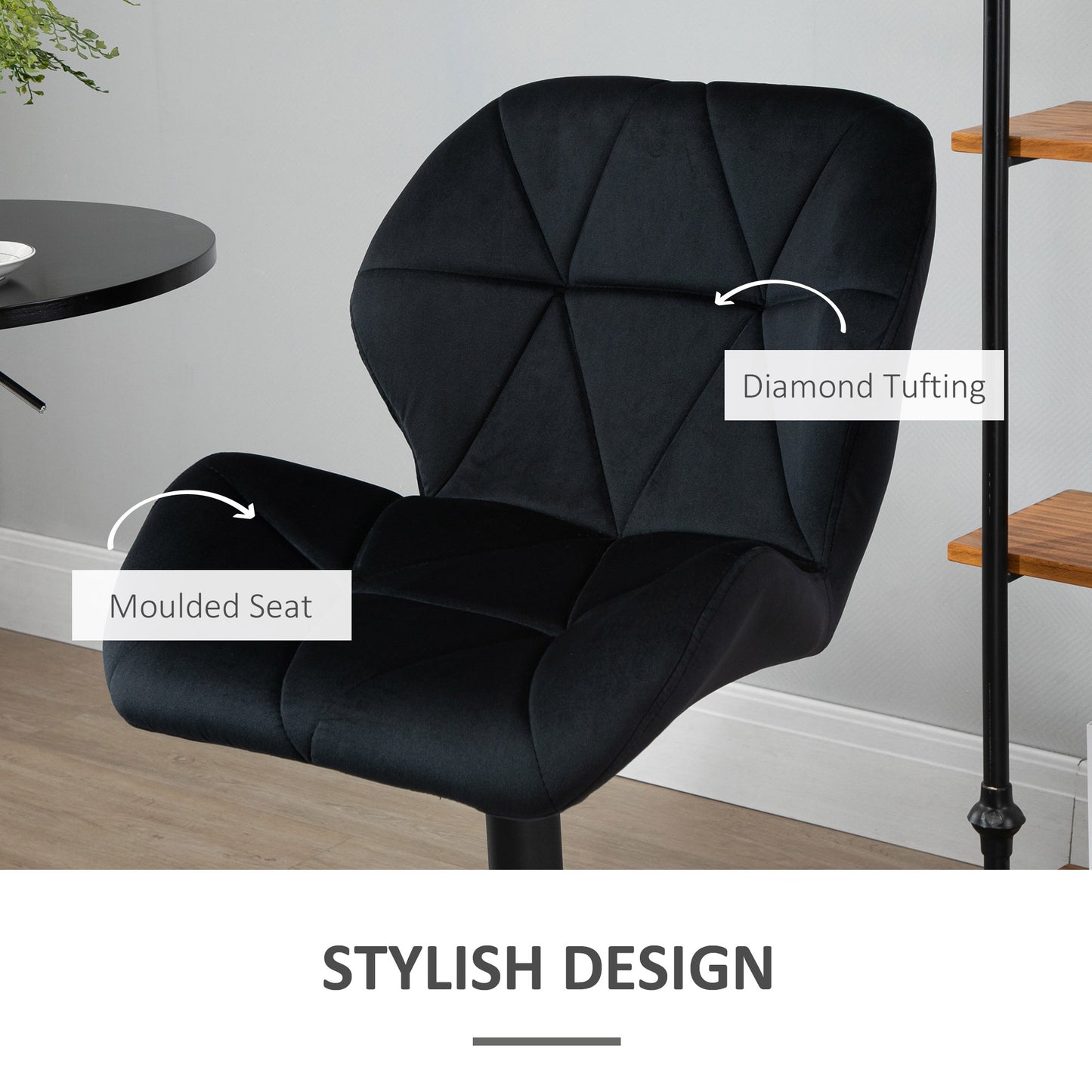 Velvet-Touch Adjustable Height Bar Stools with Diamond Tufting, Black (Set of 2)
